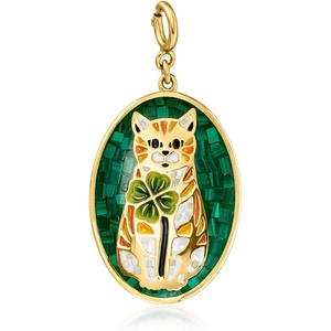 image:imageRossSimons MotherOfPearl Malachite and Multicolored Enamel Cat With Clover Mosaic Charm in 18kt Gold Over Sterling