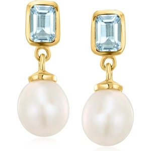 image:imageRossSimons 120 ct tw Sky Blue Topaz and 859mm Cultured Pearl Drop Earrings in 18kt Gold Over Sterling