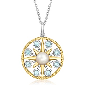 image:imageRossSimons 665mm Cultured Pearl and 50 ct tw Sky Blue Topaz Sun Pendant Necklace in Sterling Silver and 18kt Gold Over Sterling 18 inches