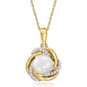 image:imageRossSimons 7mm Cultured Pearl Love Knot Pendant Necklace With Diamonds in 14kt Yellow Gold20 Inches