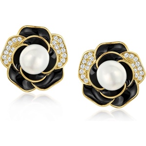 image:imageRossSimons Italian 7mm Cultured Pearl and 20 ct tw CZ Flower Earrings With Black Enamel in 18kt Gold Over Sterling