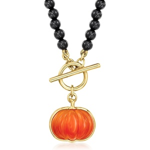 image:imageRossSimons 4mm Onyx Bead Toggle Necklace With Carnelian Pumpkin Charm in 18kt Gold Over SterlingCarnelian