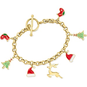 image:imageRossSimons 024 ct tw MultiGemstone Christmas Charm Toggle Bracelet With Multicolored Enamel in 18kt Gold Over SterlingEmerald