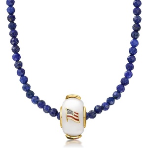 image:imageRossSimons 335mm Lapis Bead Necklace With White Jade and Multicolored Enamel American Flag Bead Charm in 18kt Gold Over Sterling 18 inches