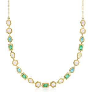 image:imageRossSimons Opal and 455mm Cultured Pearl Necklace With 240 ct tw Emeralds and 200 ct tw Swiss Blue Topaz in 18kt Gold Over Sterling 18 inches