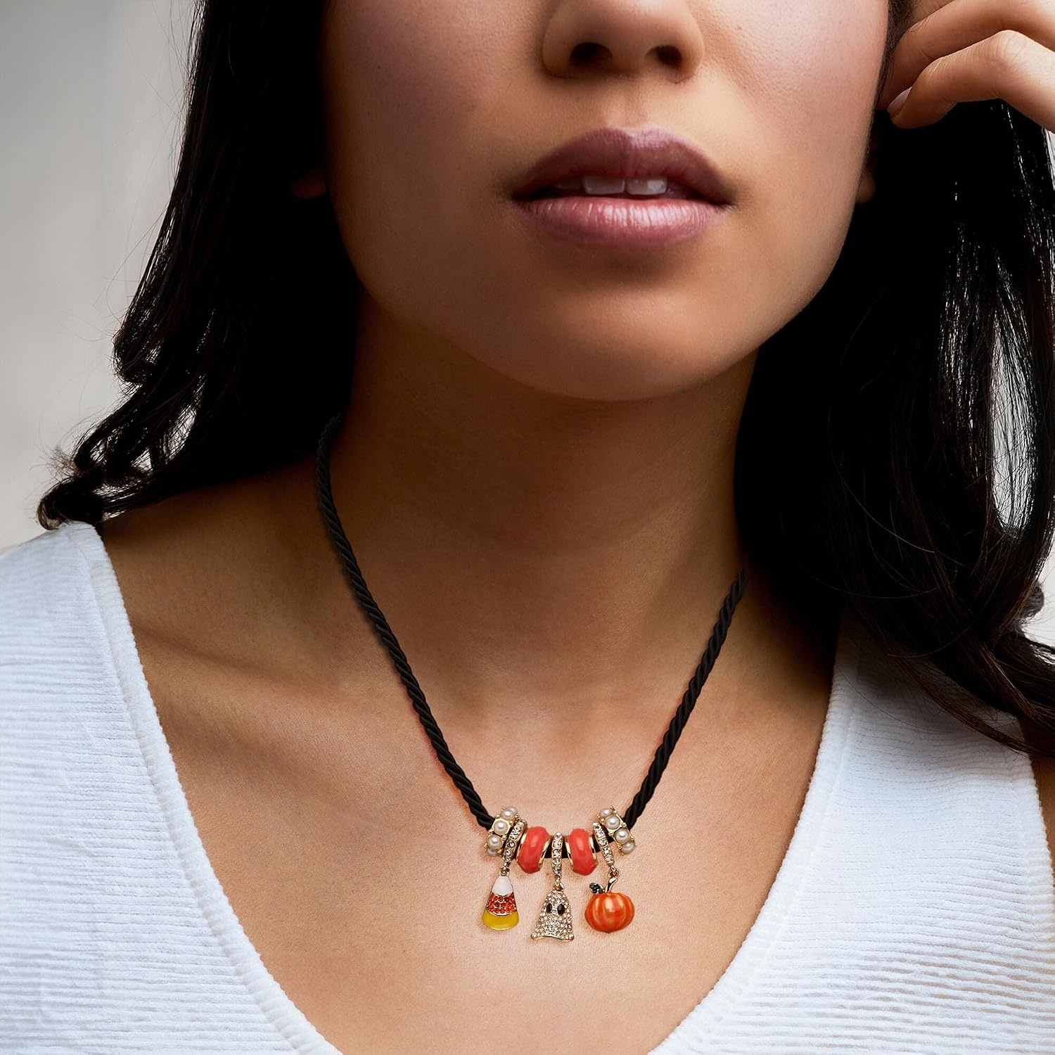 image:imageRossSimons 14kt Yellow GoldPlated and Multicolored Enamel Halloween Bead Charm Necklace With Simulated GemsPearls and Black Cord 18 inches